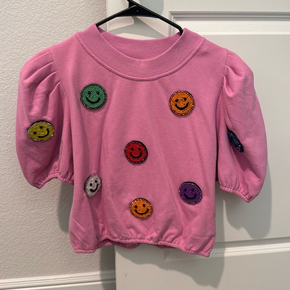 QUEEN OF SPARKLES Pink Top with Colorful Smiley Faces